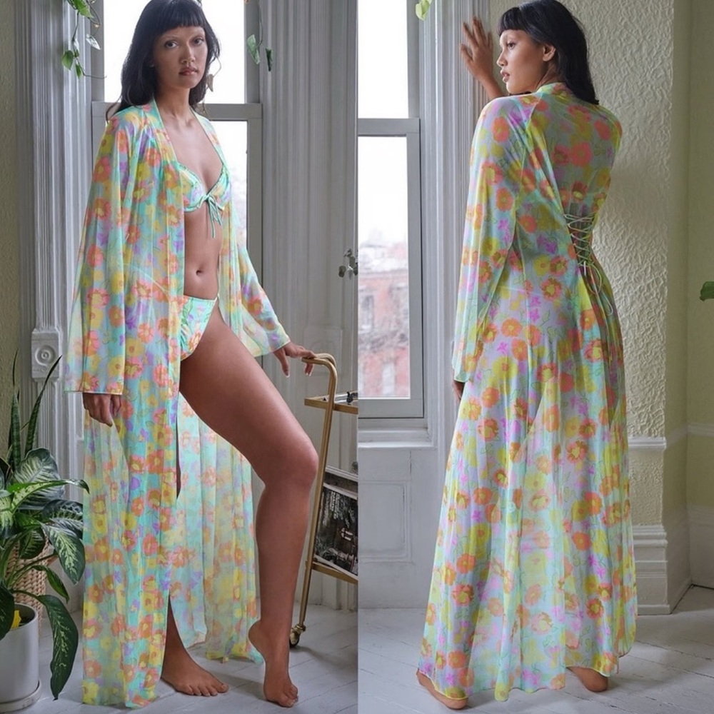 Savage X Fenty FREE SPIRIT FLORAL FULL-LENGTH‎ ROBE pink yellow small sheer NWT